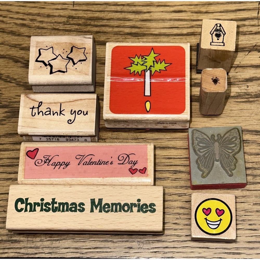 Lot Of 9 Vintage Wood Mounted Rubber Stamp Christmas Butterfly Valentines Stars